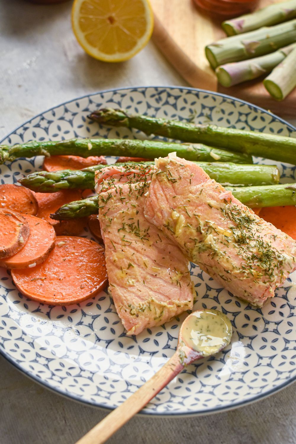 One Pan Roasted Salmon, Sweet Potatoes, and Asparagus - Slender Kitchen