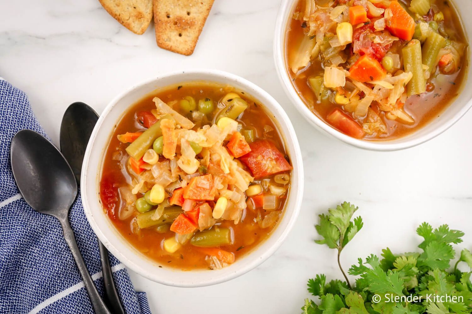 Vegetable Soup with cabbage, green beans, corn, peas, tomatoes, and more.