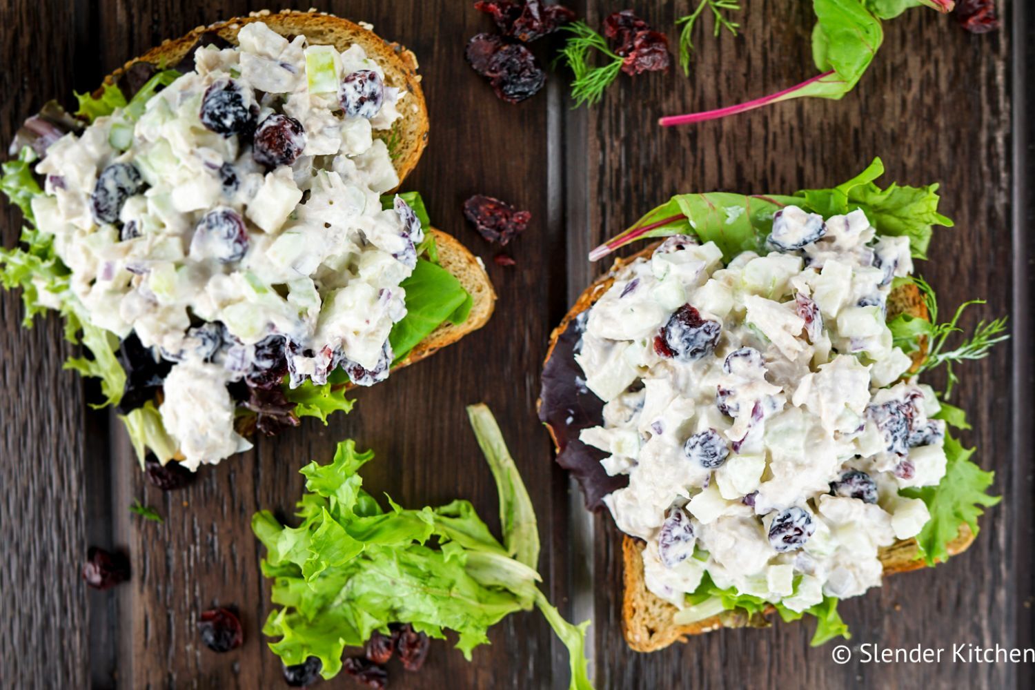 Cranberry Tuna salad with apples and celery served on toast with lettuce.
