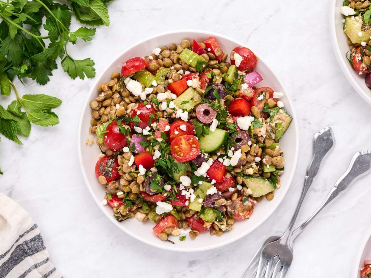 Fresh Lentil Salad with Mediterranean Spices, Olives, and Feta Cheese