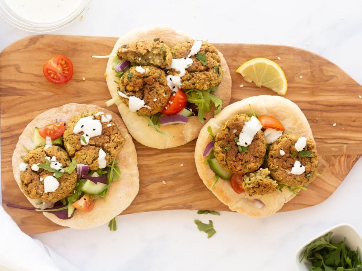 Baked Falafel on Freshly Baked Pita Bread and Toppings
