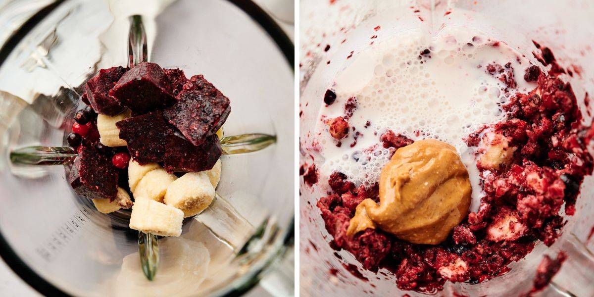Blender, left side full of frozen Acai, bananas and mixed berries; mix the mixture with peanut butter and milk on the right side.