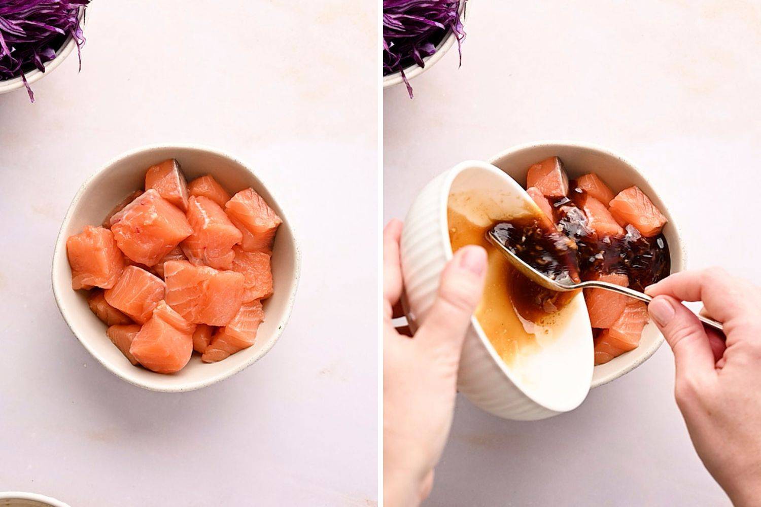 Salmon cubes marinating in soy sauce, ginger, garlic, and honey.