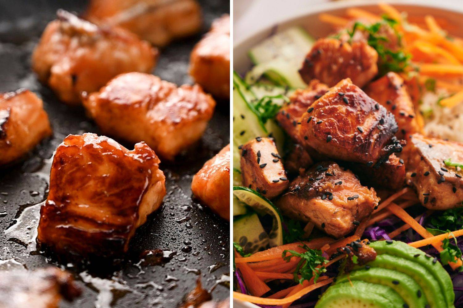 Crispy salmon being cooked in a skillet and then being added to a rice bowl.