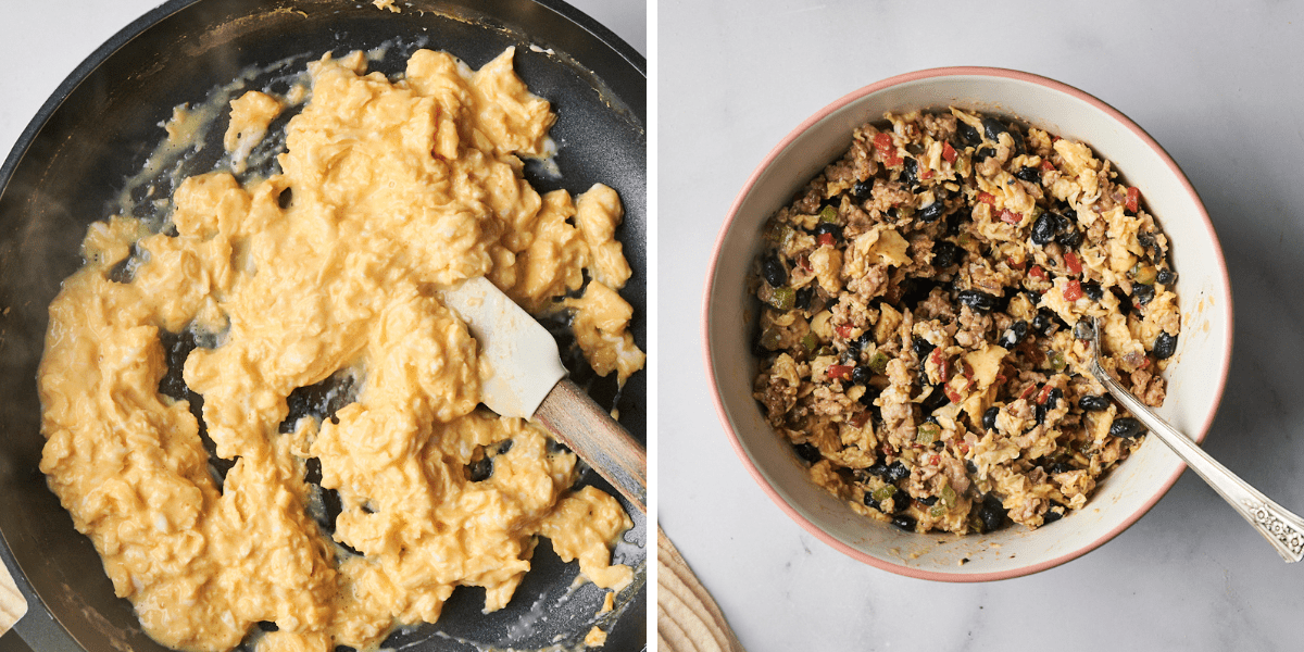 Scrambled eggs cooking in a skillet, followed by a mixture of eggs, ground turkey, peppers, onions, and black beans in a bowl.