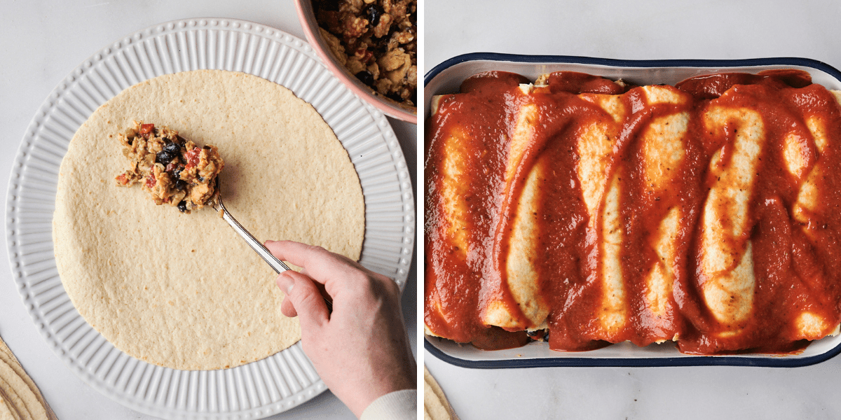 Filling a tortilla with a mixture of scrambled eggs, vegetables, and black beans, followed by rolling the enchiladas and covering them with sauce in a baking dish.