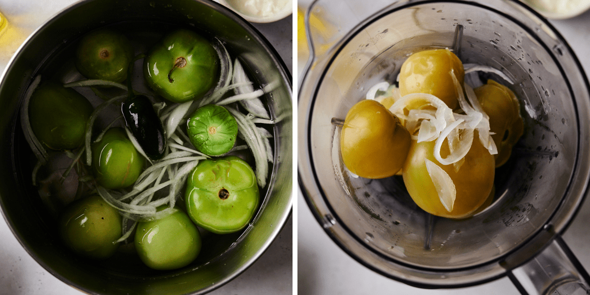 Tomatillos and onion in water, then blended in a blender.
