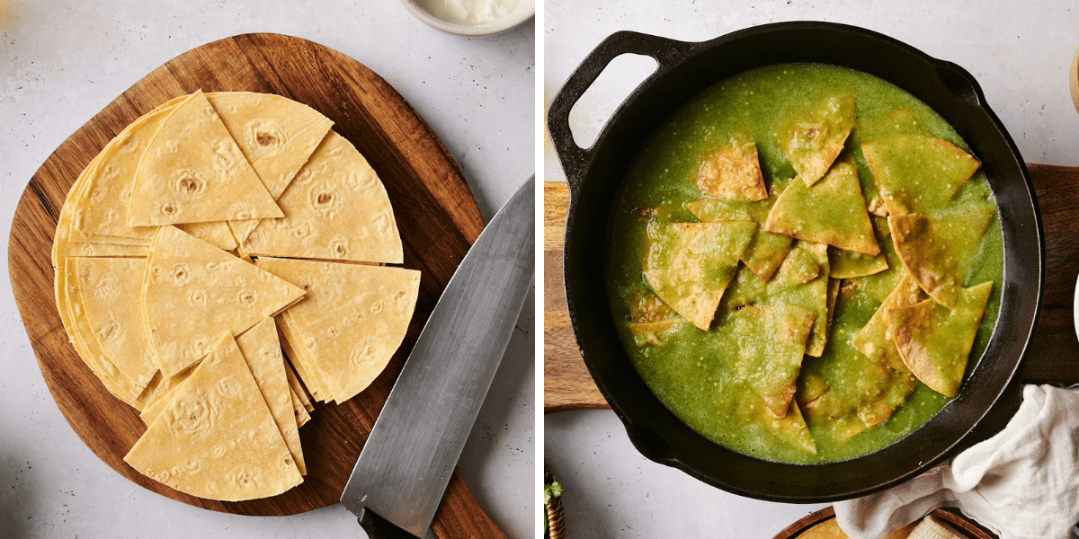 Chopped tortillas on a cutting board and tortilla chips in green sauce.