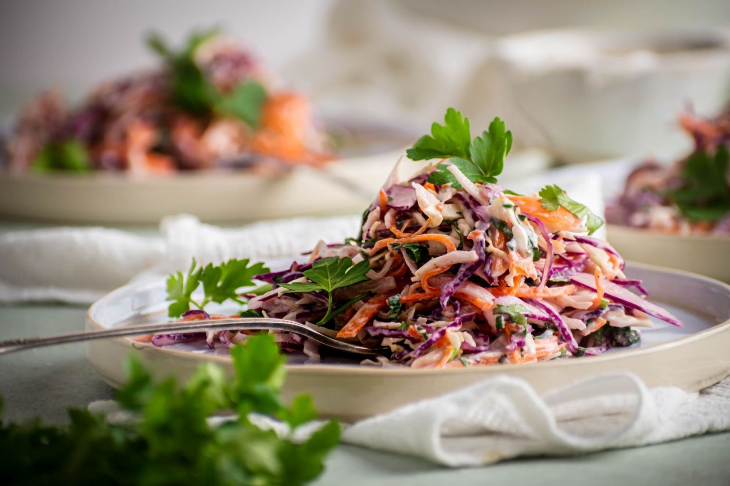 Using a fork, arrange the shredded coleslaw, creamy yogurt sauce, and fresh cilantro on a plate.