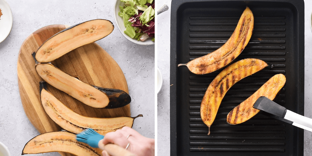 Ripe plantains are brushed with oil before grilling on the ridge, a bowl of salad and spices on the wooden board.
