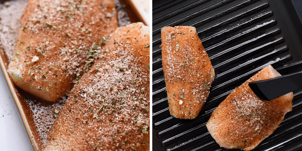 Two seasoned fillets are on a baking tray and grill with herbs and spices on it, ready to cook.