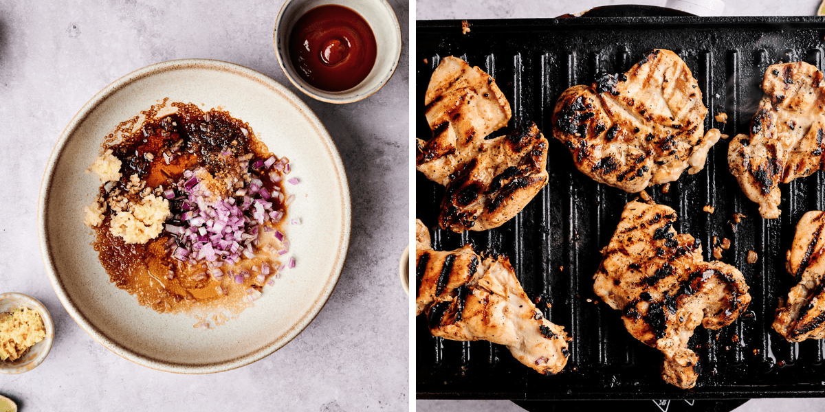 A plate of marinated ingredients, topped with garlic and onions, next to grilled chicken thighs, showcasing the delicious meal fee.