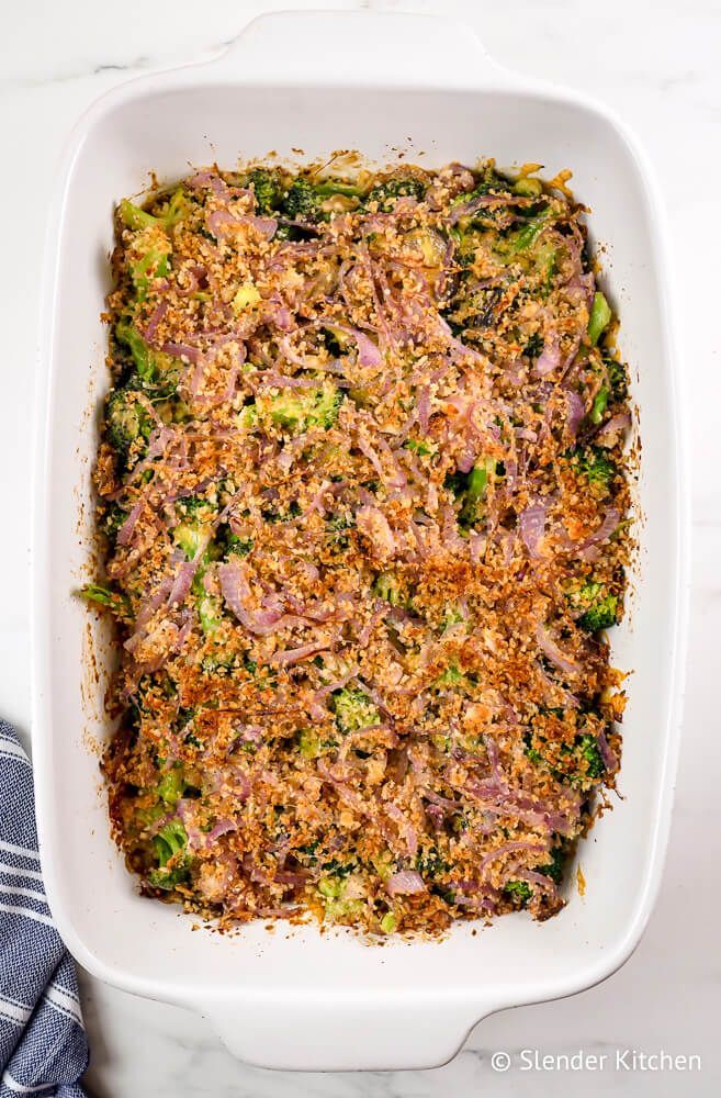 Healthier casserole with broccoli, mushrooms, cheddar cheese, and crispy onions.