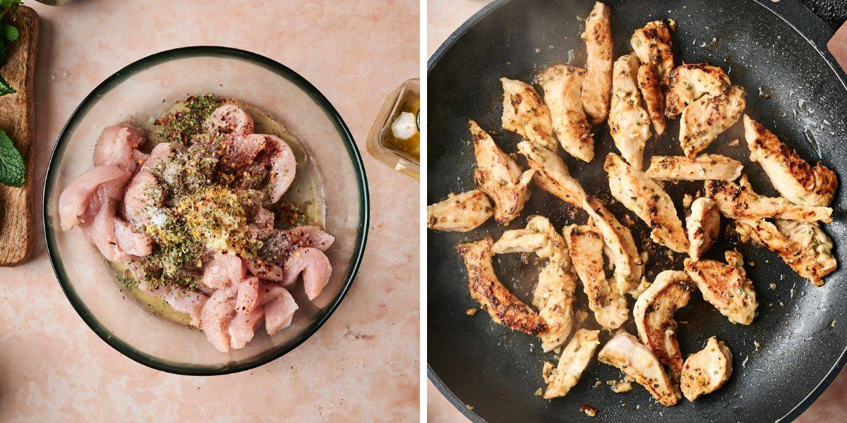A side-by-side comparison of chicken preparation, with raw chicken strips marinating in herbs, garlic, and spices on the left, and the same chicken fully cooked and seared to golden brown in a skillet on the right.