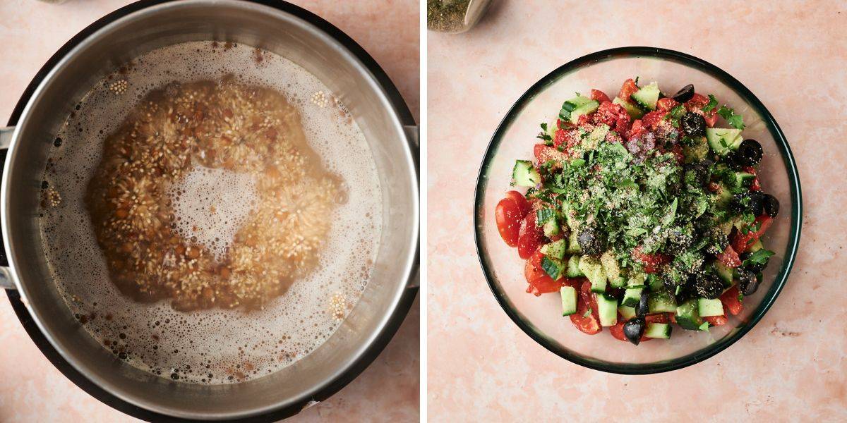 A before-and-after look at grain and vegetable preparation, with a pot of simmering mixed grains on the left, and a fresh salad with cherry tomatoes, cucumbers, black olives, and herbs in a glass bowl on the right.
