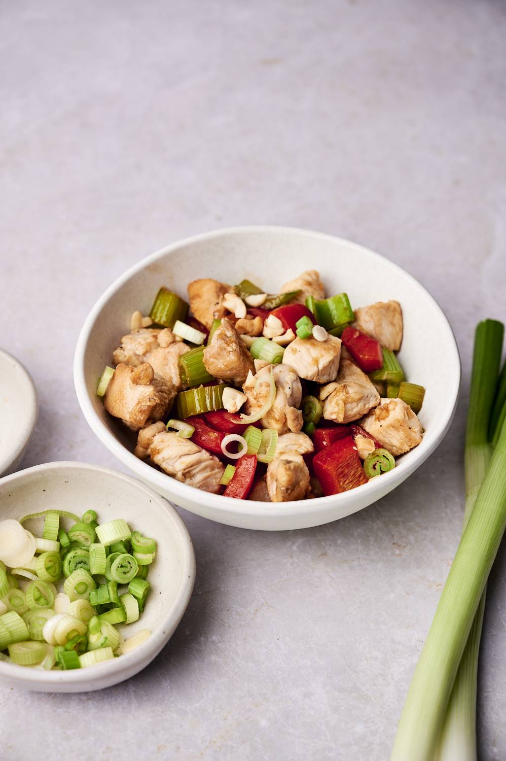 A healthy bowl of Kung Pao Chicken with tender chicken nuggets, red bell peppers, celery and scallions, topped with crushed peanuts. There was also a small plate of fresh green onions and green onion slices on the side.