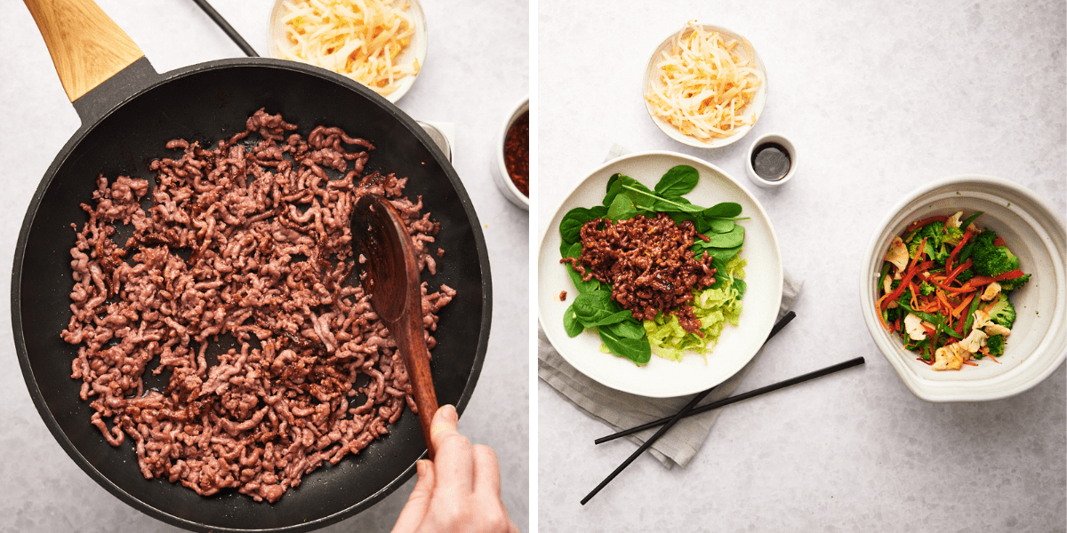 A skillet is used to cook meat, next to a plate of lettuce and spinach with meat on top and a bowl of garnish on the sides.