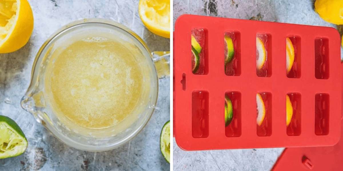 A glass sailor filled with light brown liquid sat next to half of the lemon and lemon next to a red silicone ice plate with citrus slices.