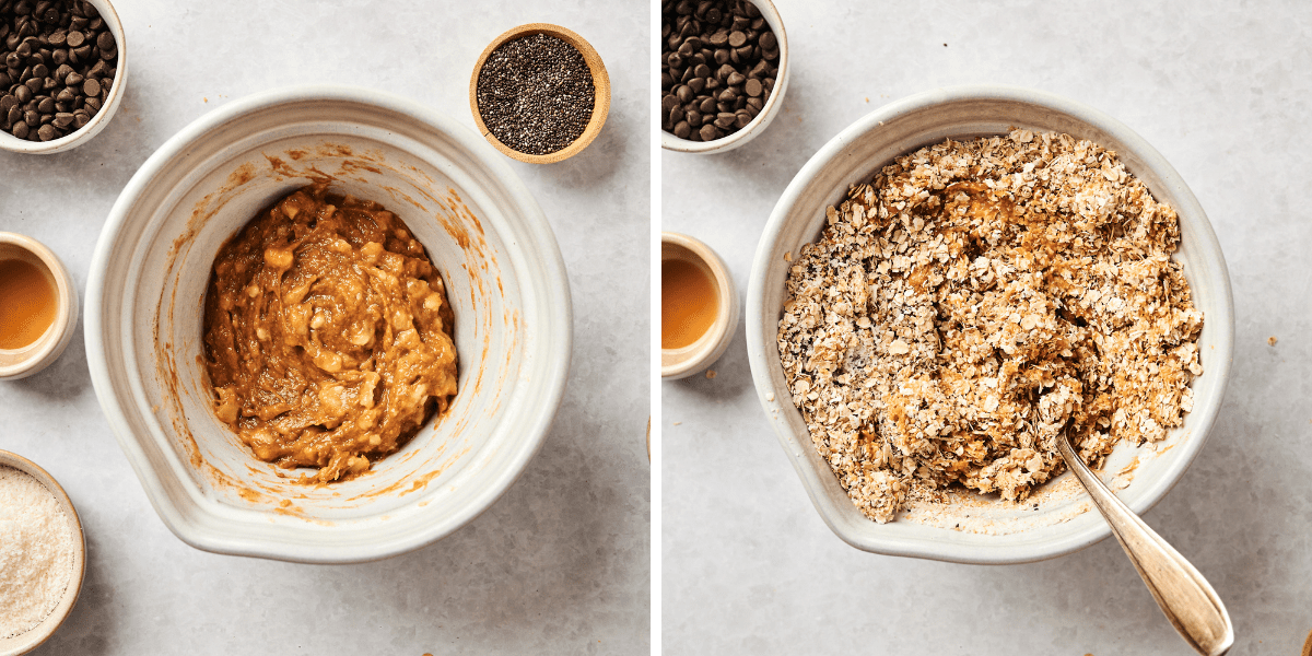 A bowl of banana mixture is next to a bowl of oatmeal mixture, surrounded by ingredients like chocolate chips, honey and chia seeds.