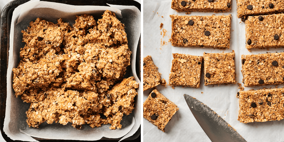 Homemade granola bars with chocolate chips, cut into squares, displayed on parchment paper and baking sheet.