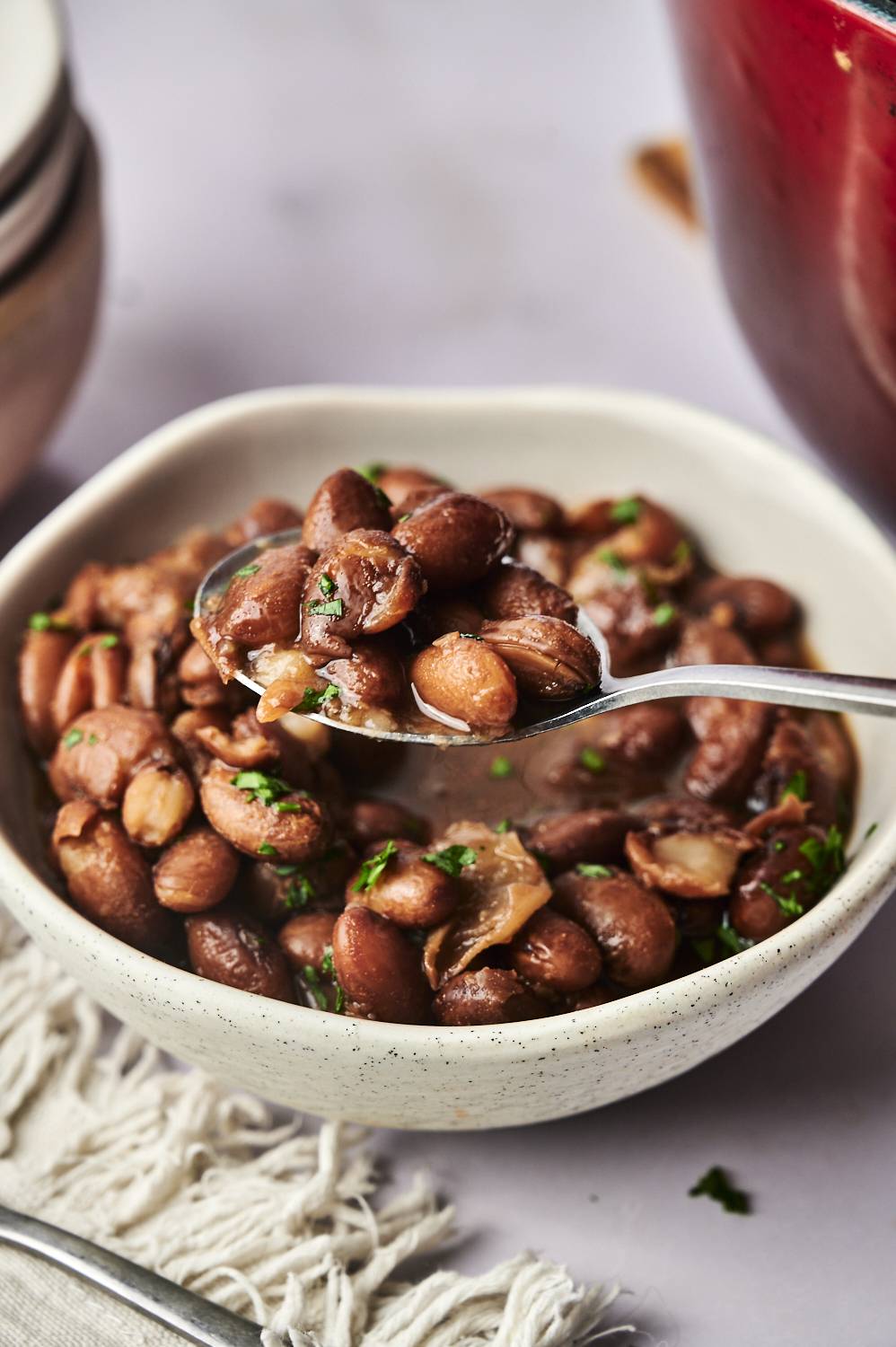 A tablespoon of cooked pinto beans are decorated with parsley in a spotted bowl with more beans in the background.
