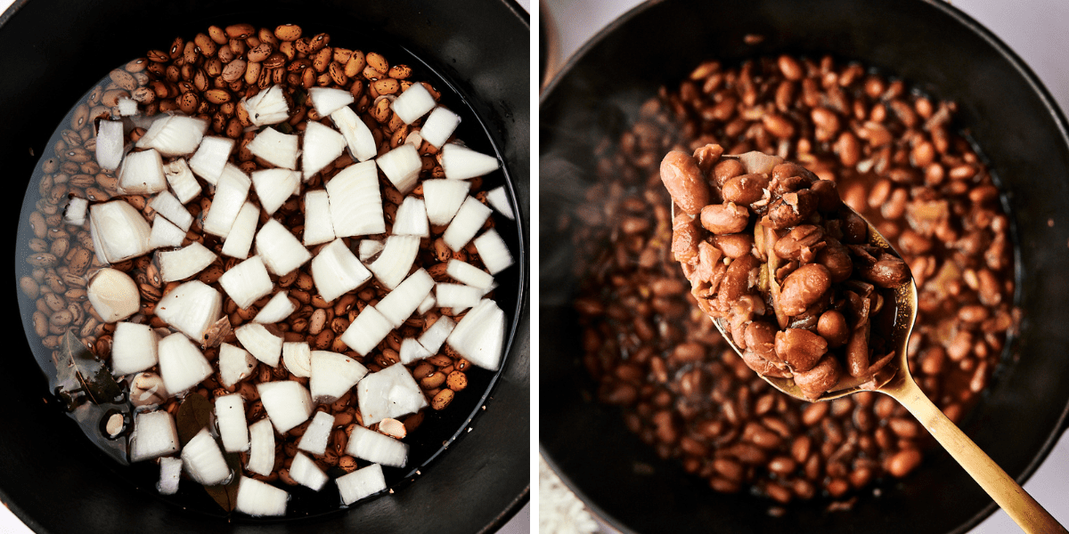 Two-panel image: left shows soaked pinto beans, chopped onions and spices; right is a tablespoon of cooked beans.