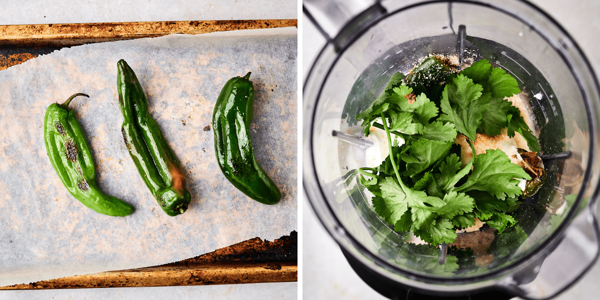 Three burnt green jalapeno on parchment paper and a blender filled with mixed jalapeno, coriander and spices.