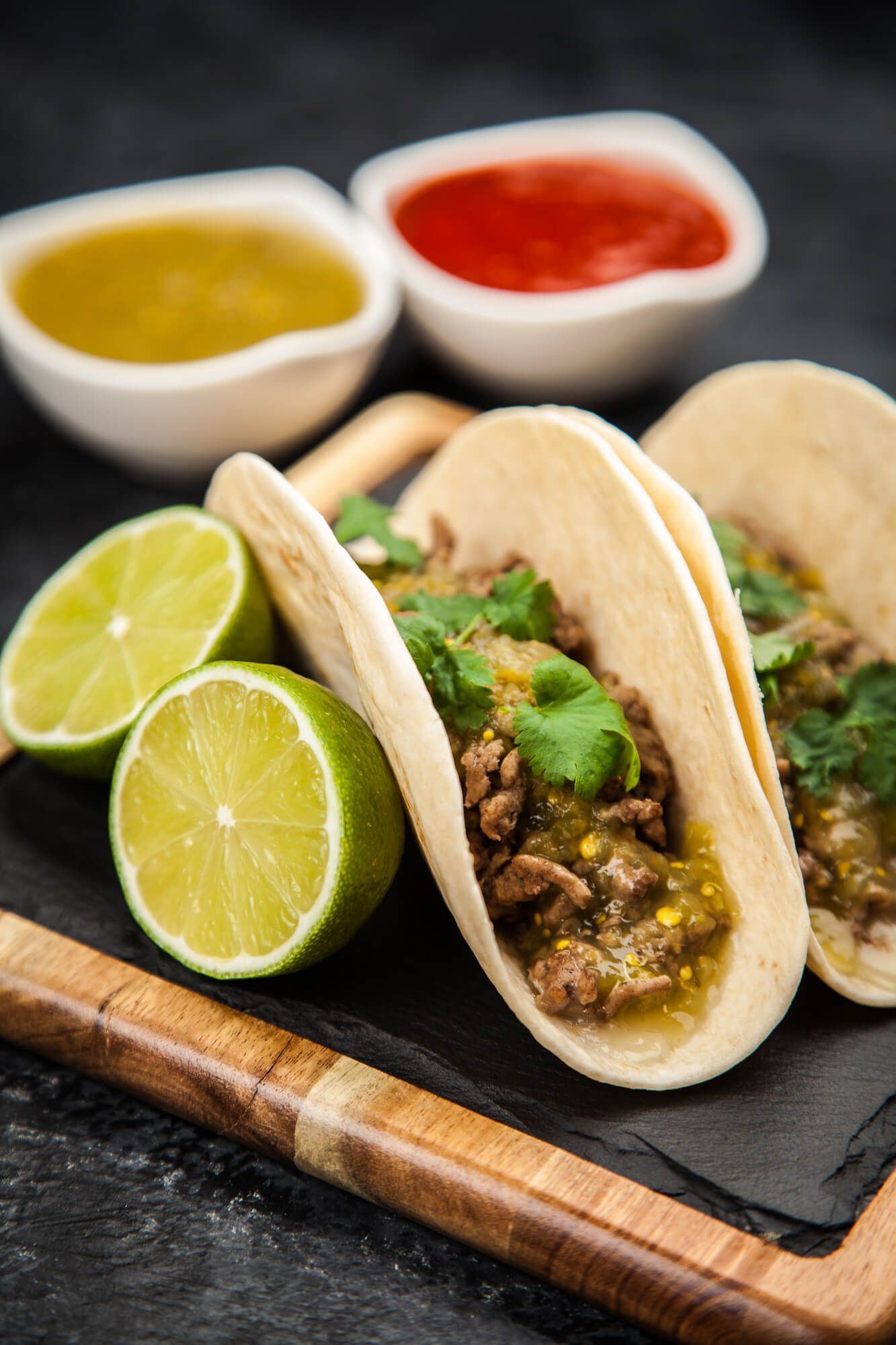 Salsa Verde Turkish Tacos, Tortillas, Jalapeno, Coriander and Lime.