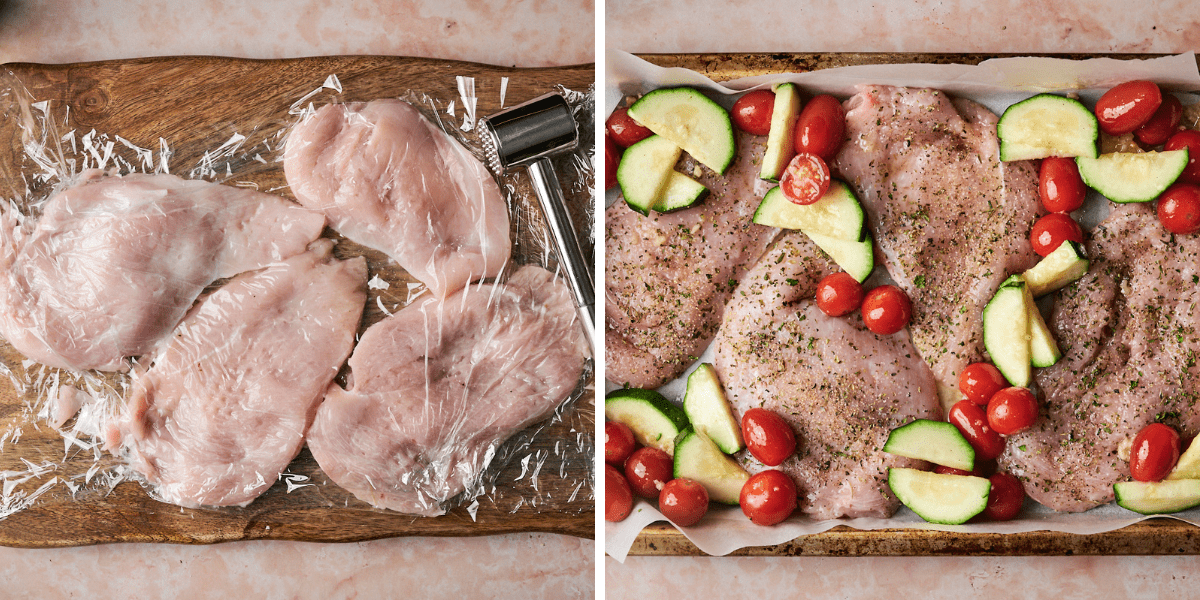 Chicken breasts being pounded with a meat mallet on a cutting board (left) and the chicken breasts arranged on a sheet pan with tomatoes and zucchini, ready for seasoning (right).