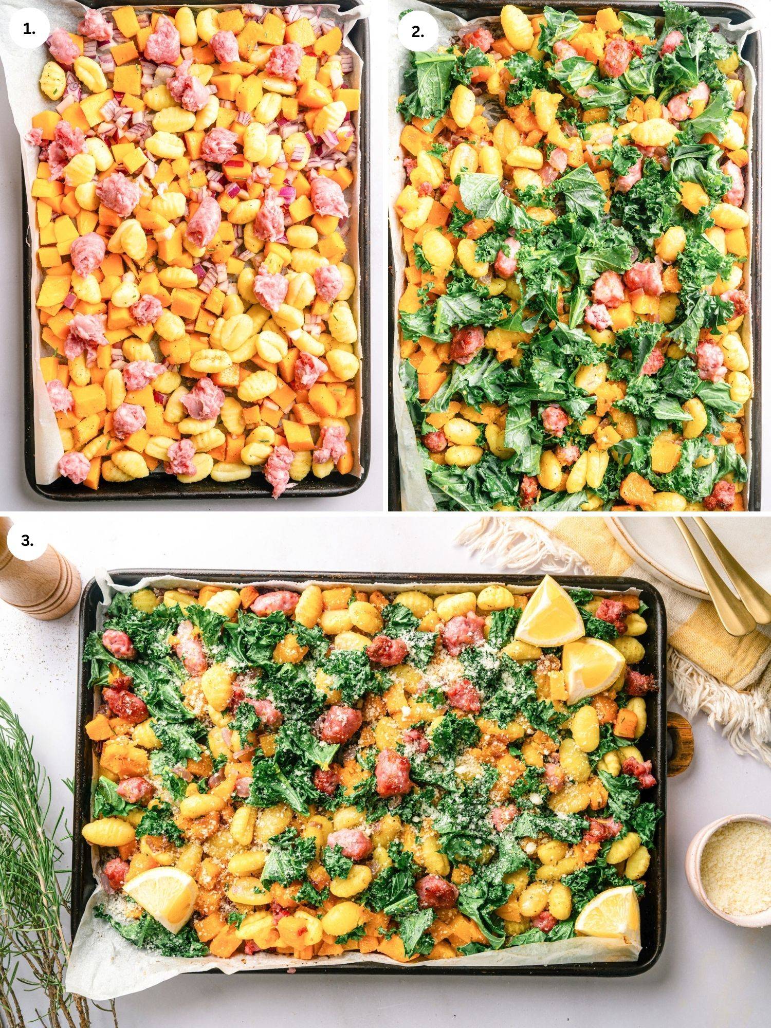 Step by step instructions for making gnocchi and sausage on a sheet pan with vegetables.