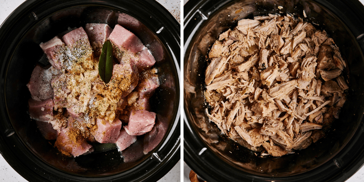 Pork pieces in a slow cooker, seasoned with spices and herbs, followed by the cooked and shredded pork after slow cooking.