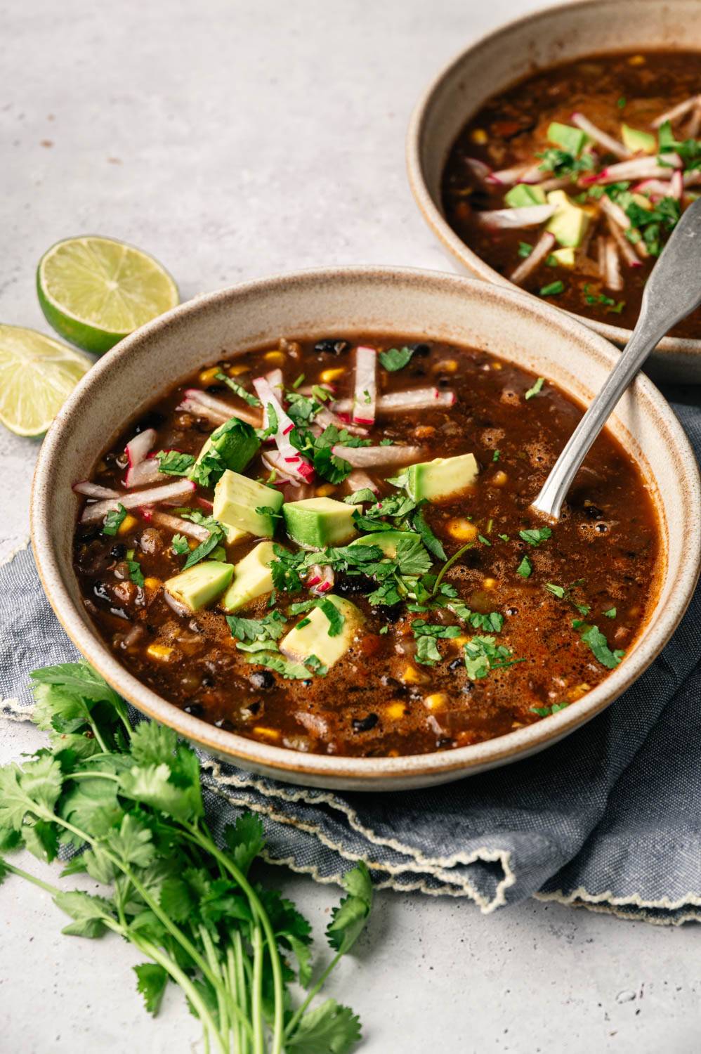 A hearty bowl of black bean soup with avocado, radish and cilantro served on a gray cloth. Lemon halves and coriander sprigs are nearby.