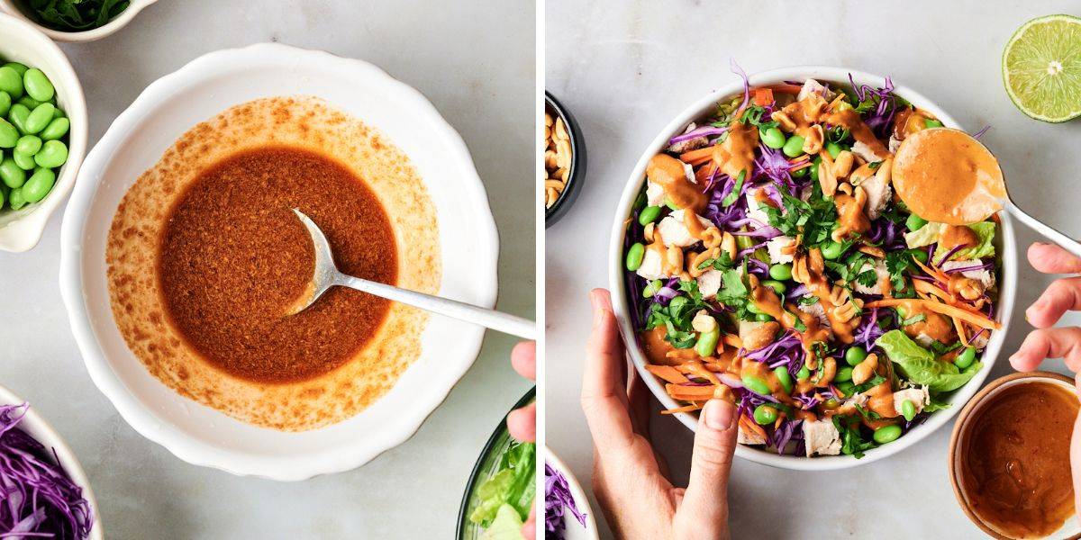 A bowl of creamy seasoning next to a colorful salad with green edamame, purple cabbage and chopped vegetables, ready to eat.