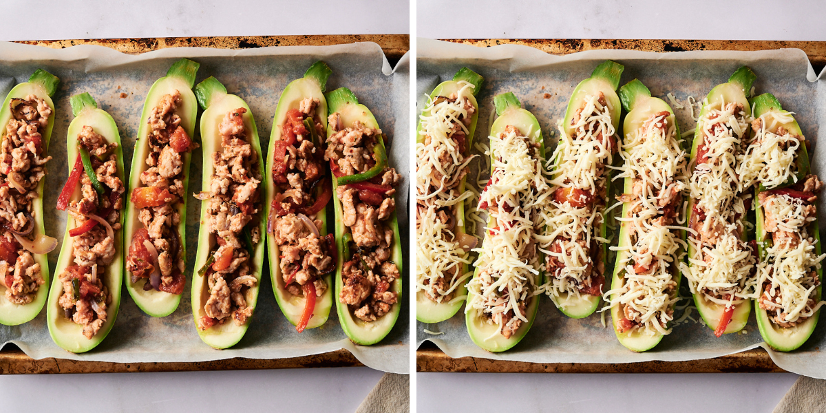A side-by-side view of Tex-Mex stuffed zucchini on a baking sheet. On the left, the zucchini halves are filled with ground turkey, vegetables, and tomatoes, while the right image shows the same zucchini topped with shredded cheese, ready to be baked.