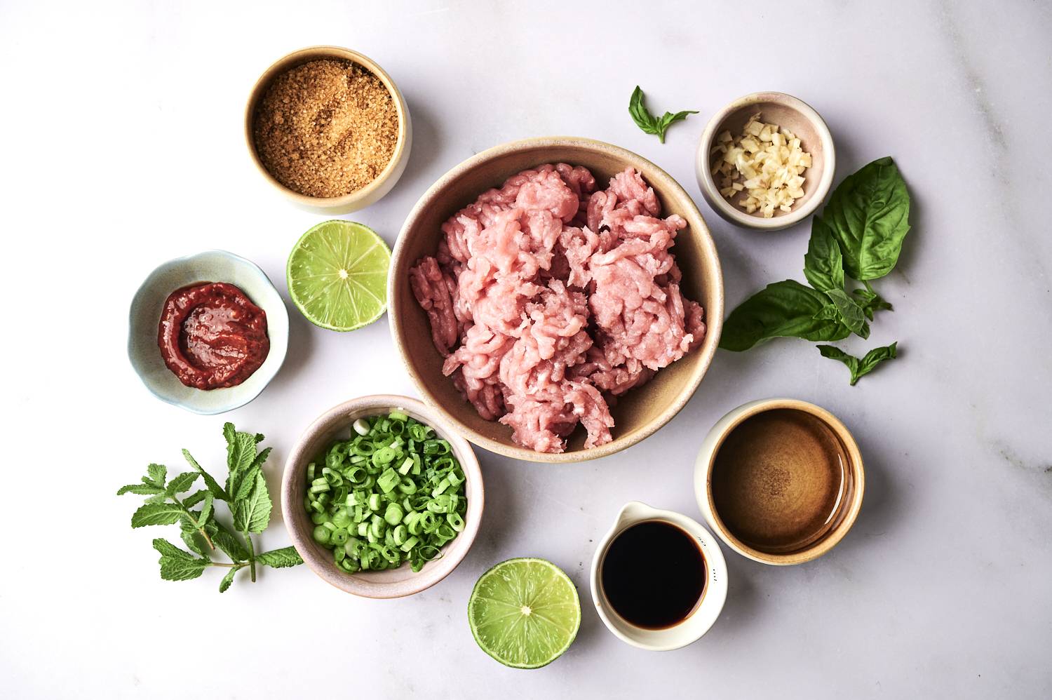 A bowl of ground meat is surrounded by ingredients: brown sugar, lime, shallot, herbs, garlic, sauce and chili sauce, topped with a marble surface.