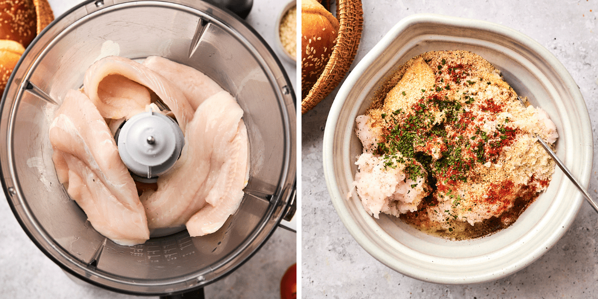Raw tilapia fillets are placed in a food processor, then mixed with breadcrumbs, spices, mustard, and herbs in a bowl to prepare the fish burger mixture.