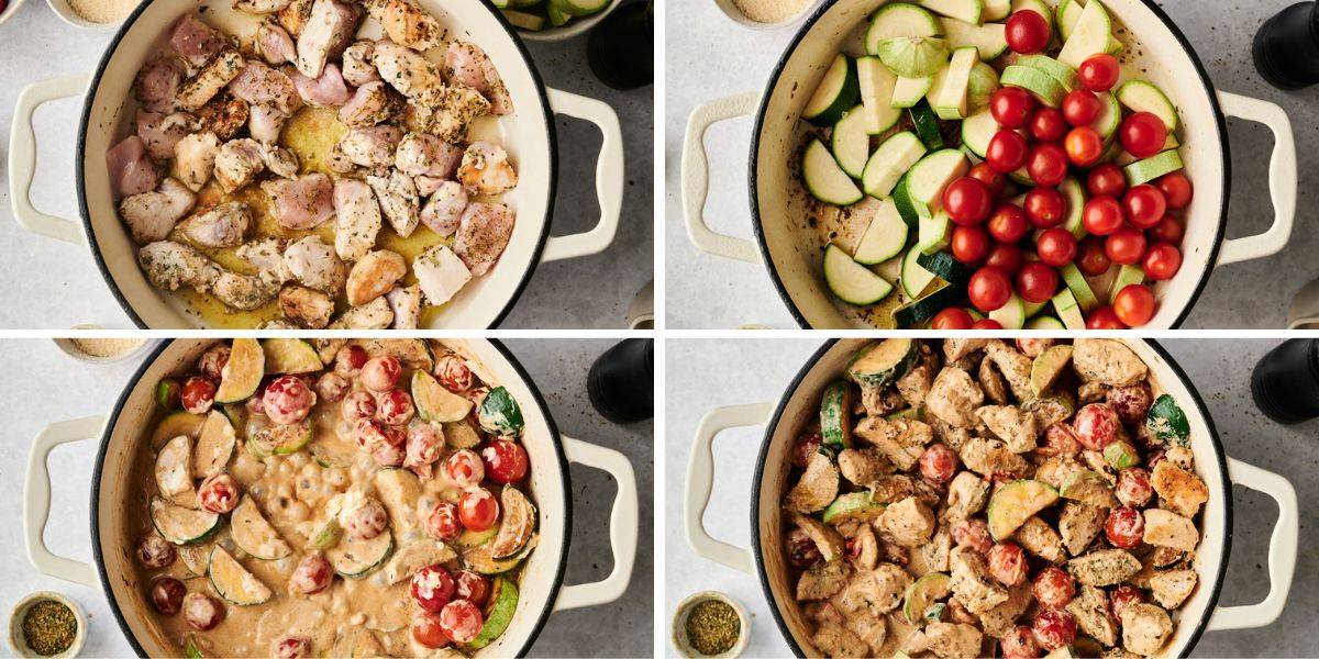Four-step collage showing the cooking process of Tuscan chicken: cooking with herbs in a creamy pan. Zucchini and cherry tomatoes were added. Form the sauce with melted cheese and tomatoes. The last dish of butter, cooked chicken, zucchini and tomatoes are prepared for serving.  