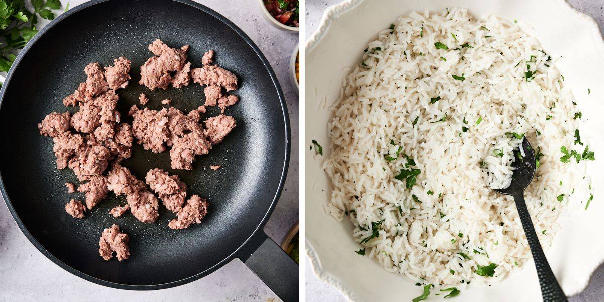 Plant-based ground beef is being cooked in a skillet, while a bowl of fluffy cilantro lime rice is mixed and ready to be served.