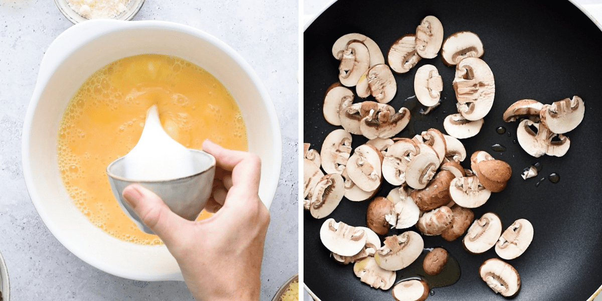 A hand pouring milk into a bowl of beaten eggs on the left, and sliced mushrooms cooking in a skillet on the right.