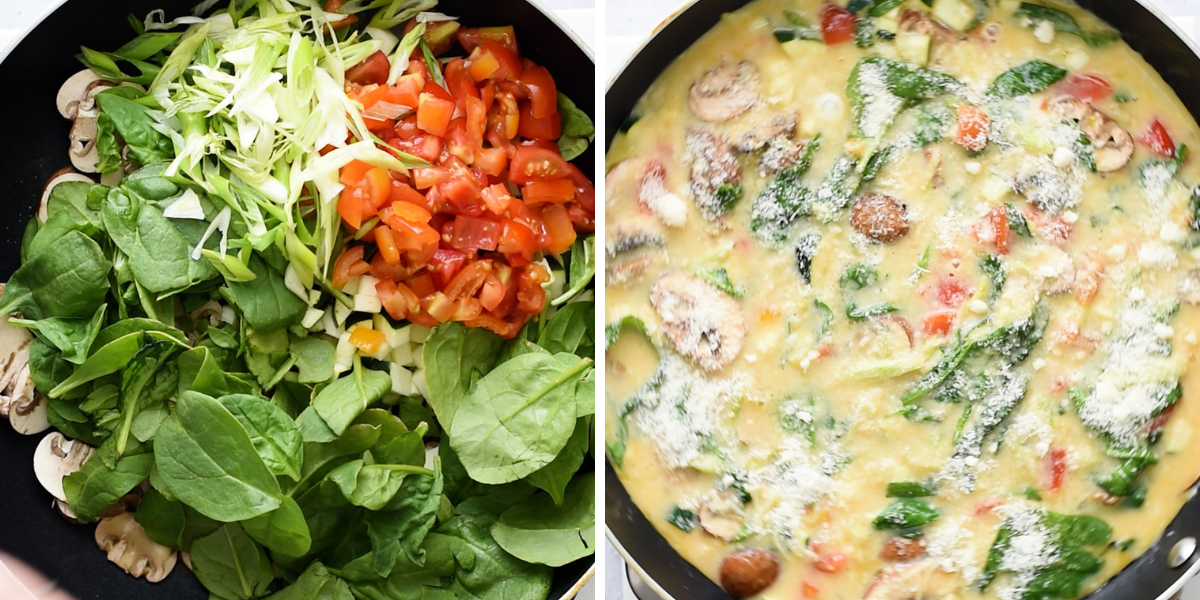 Fresh spinach, tomatoes, and green onions added to a skillet on the left, with the frittata mixture cooking in the skillet on the right, topped with grated cheese.