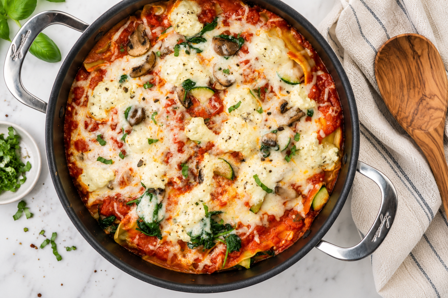 Skillet vegetable lasagna with spinach, mushrooms, zucchini, and melted cheese.