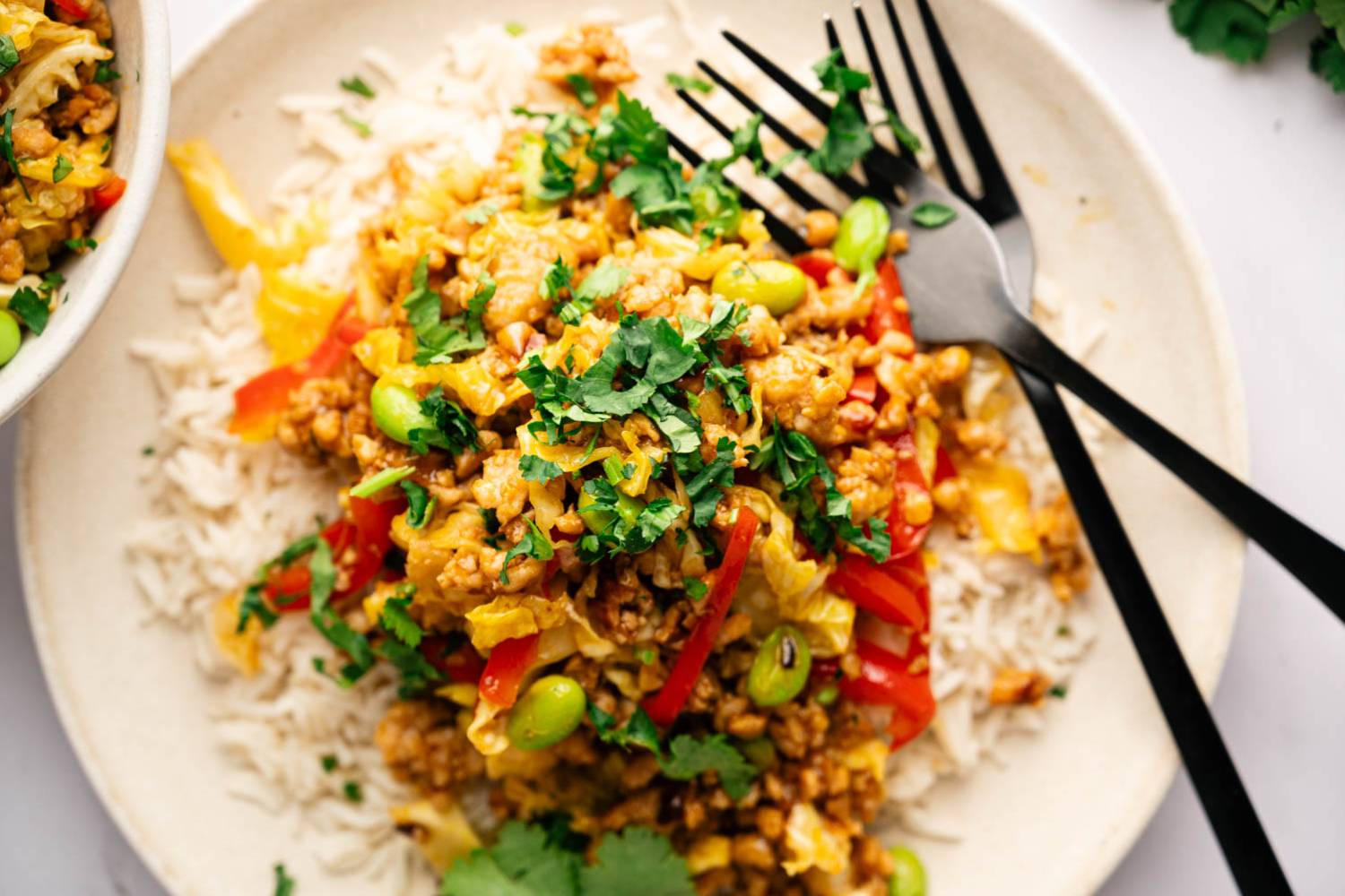 A plate of vibrant curry topped with cilantro, featuring red and yellow peppers, edamame, and crumbled tofu over fluffy white rice. Two black forks rest on the plate.
