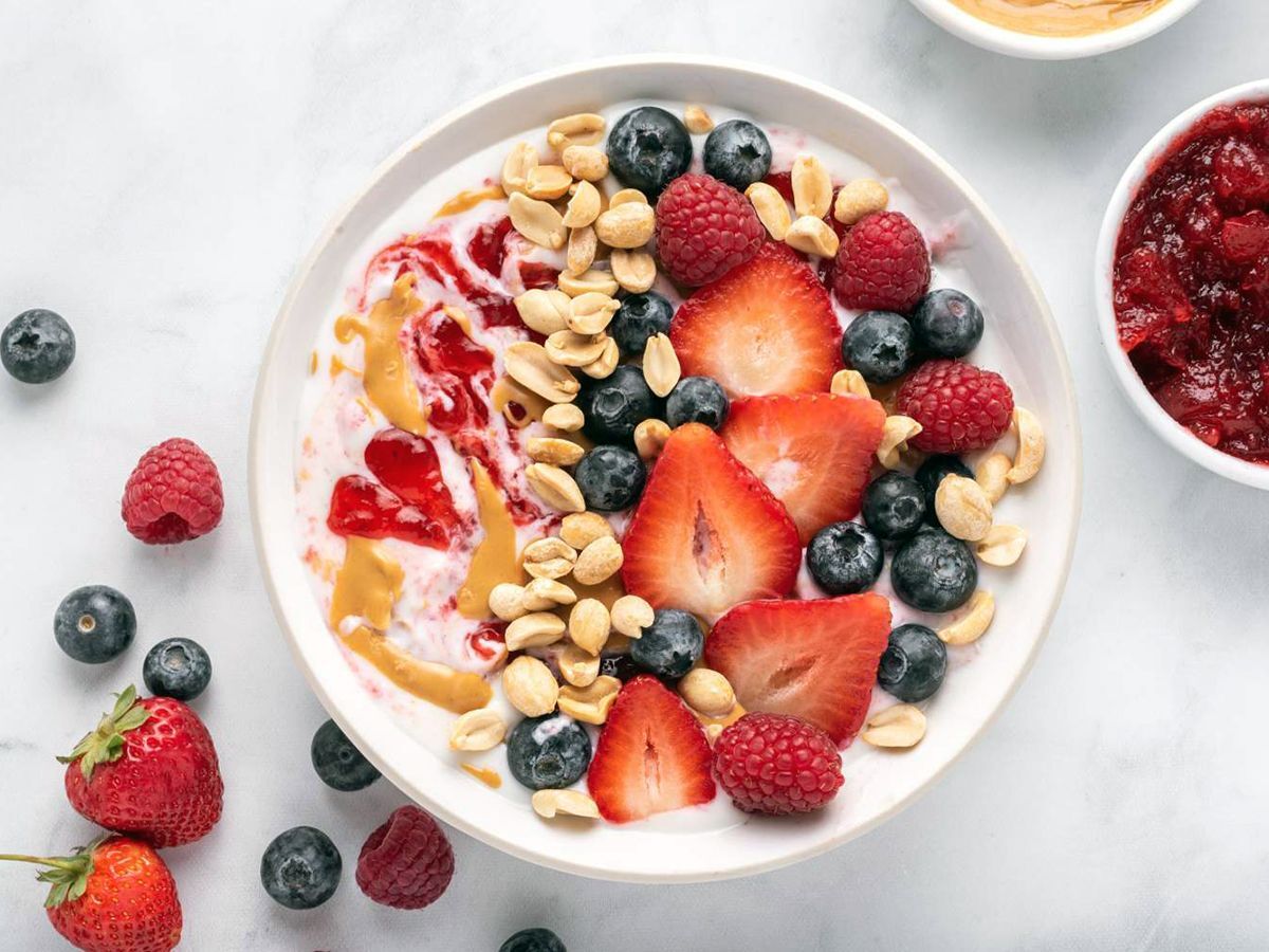 Healthy Breakfast Recipes Delicious and Fruity Peanut Butter and Jelly Yogurt Bowl