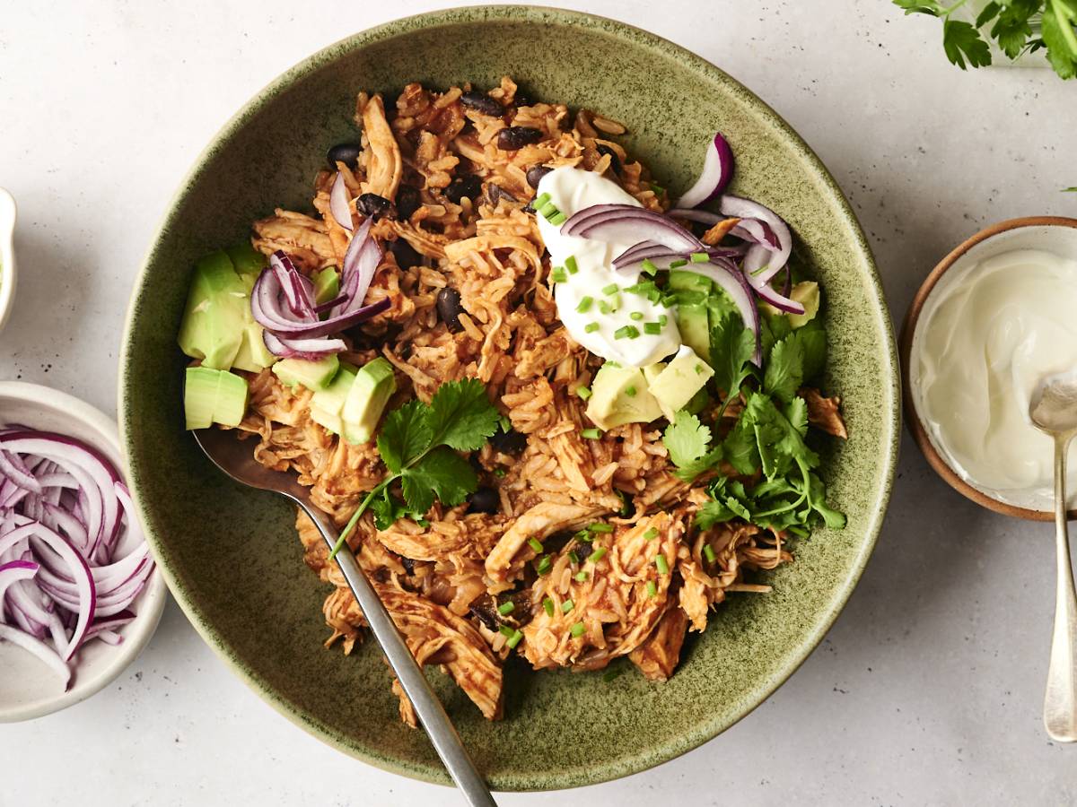 High-Protein Slow Cooker High-protein chicken burrito bowl with avocado