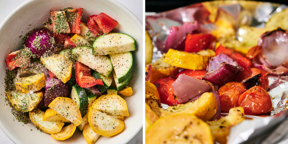 A bowl of mixed fresh vegetables, including zucchini, pepper and yellow pumpkin, seasoned with herbs, next to roasted vegetables.